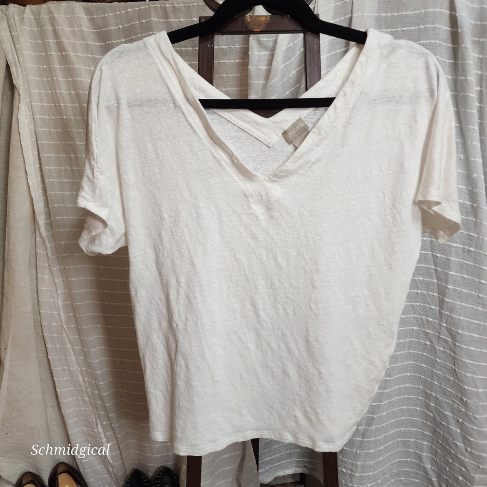 Chicos White 100% Linen V-Neck Short Sleeve Knit T-Shirt Top Womens Size 1 M